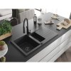 Mexen Matias, gránit mosogató 900x505x200 mm, 1,5 kamrás és Aster mosogató csaptelep, fekete foltos, 6502-76-73450-70-B