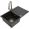Mexen Bruno, 1 kamrás gránit mosogató 795x495x200 mm és Elia mosogató csaptelep, fekete-arany metál, 6513-75-670101-50