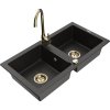 Mexen Mario, 2 kamrás gránit mosogató 82x44 cm konyhai csapteleppel Telma, fekete-arany, 6504-75-670200-50