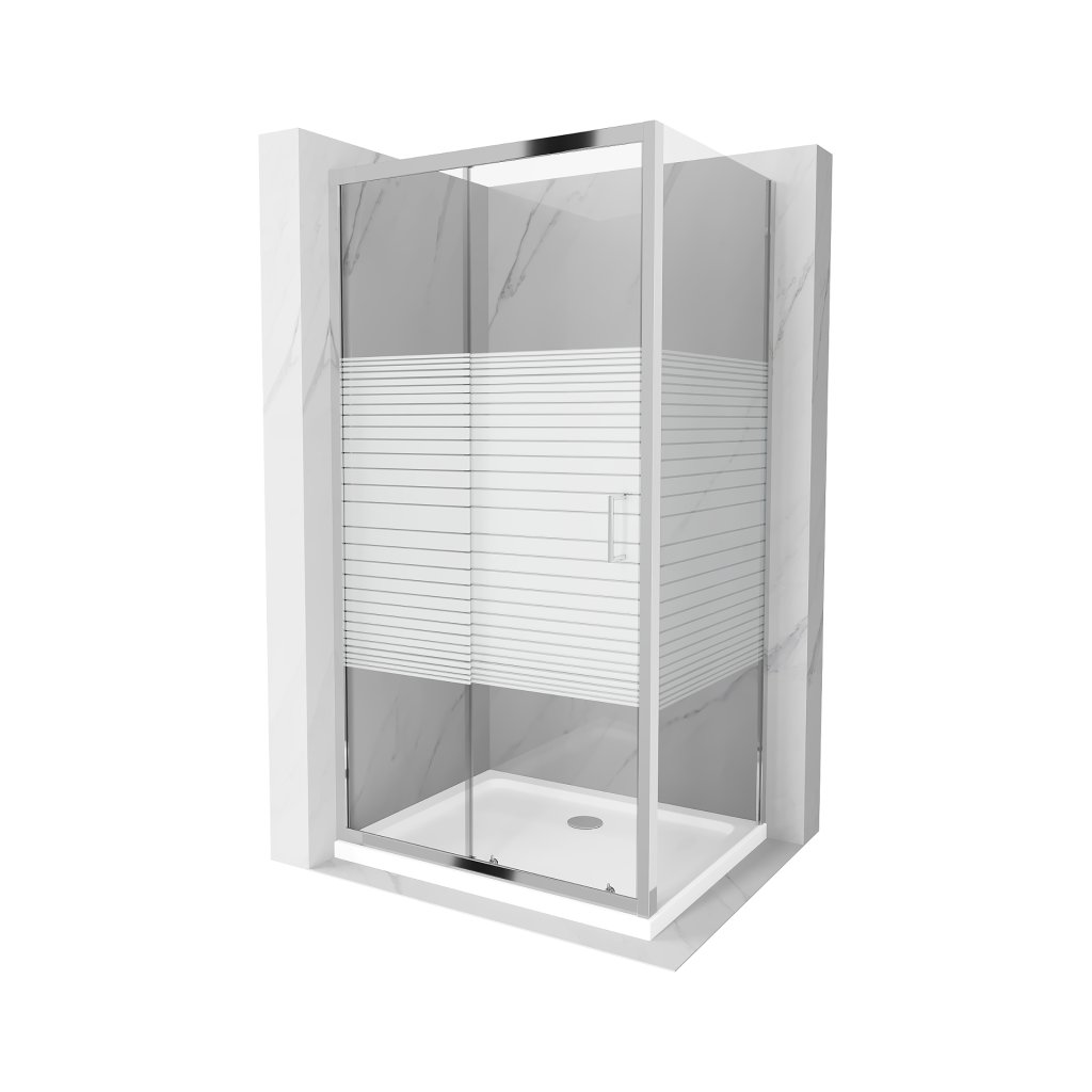 Mexen Apia, cabină de duș cu ușă glisantă 130 (uşă) x 70 (perete) cm, sticlă cu dungi incolore 6 mm, profil crom + cadă de duș subțire 5 cm, 840-130-070-01-20-4010