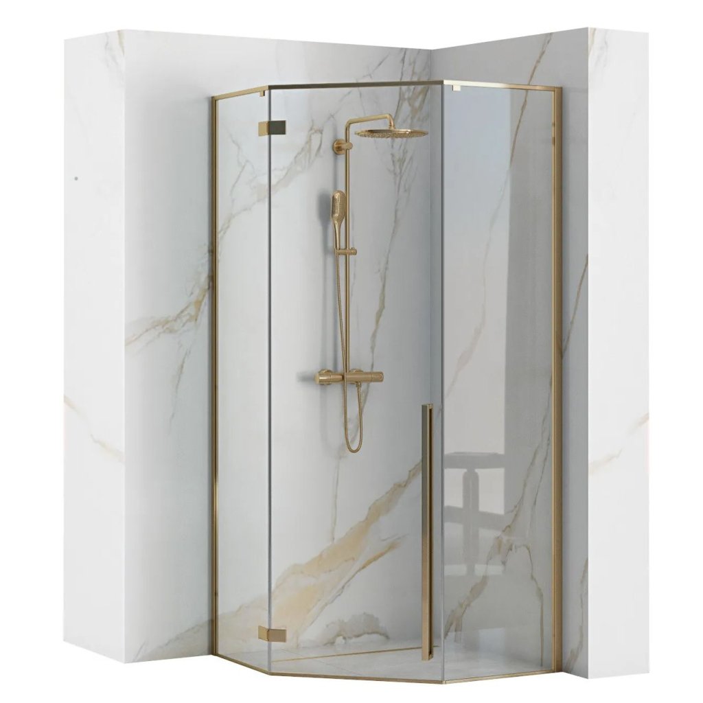 Rea Diamond Gold, cabină de duș pentagonală 90 x 90 cm, sticlă transparentă de 6 mm, auriu strălucitor, REA-K4904