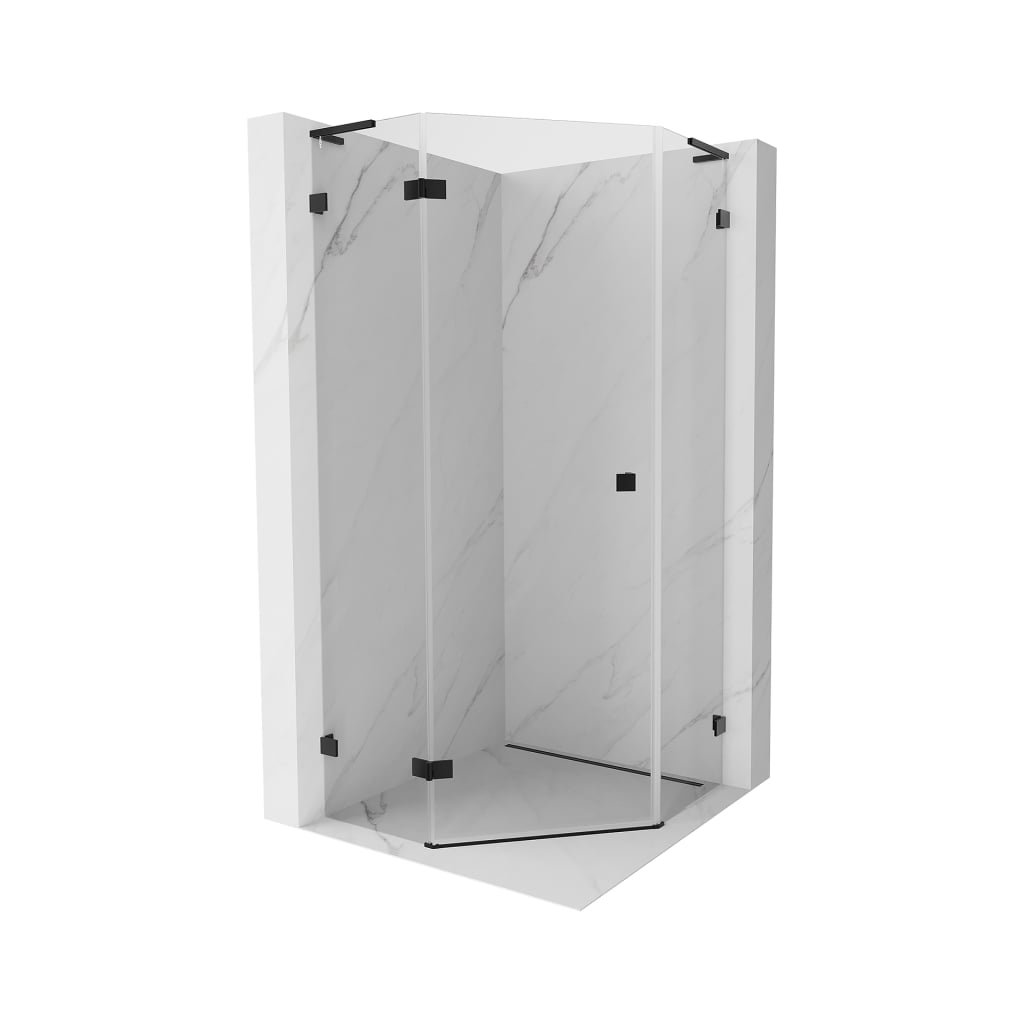 Mexen Lunar, colț de duș pentagonal L basculant spre stânga 100 x 100 cm, sticlă transparentă de 8 mm, profil negru, 831L-100L-100P-70-00-L