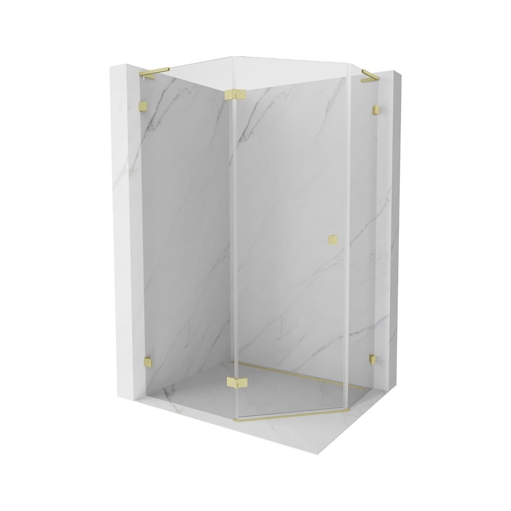 Mexen Lunar, colț de duș pentagonal L basculant spre stânga 100 x 90 cm, sticlă transparentă de 8 mm, profil auriu mat, 831L-100L-090P-55-00-L