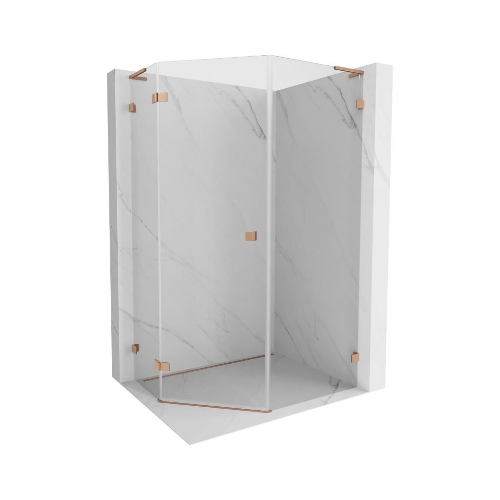 Mexen Lunar, cabină de duș pentagonală L înclinabilă spre stânga 90 x 100 cm, sticlă transparentă de 8 mm, profil cupru mat, 831L-090L-100P-65-00-L