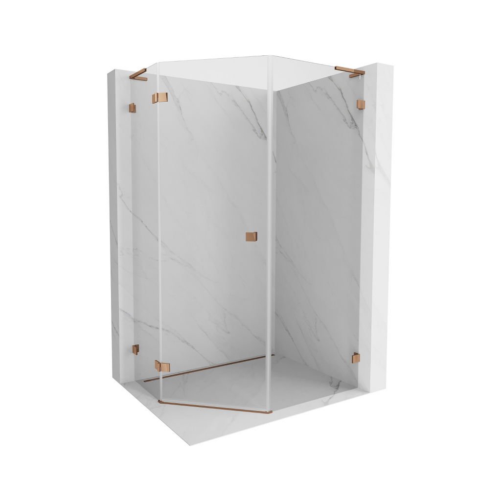 Mexen Lunar, colț de duș pentagonal L basculant spre stânga 90 x 100 cm, sticlă transparentă de 8 mm, profil auriu roz, 831L-090L-100P-60-00-L