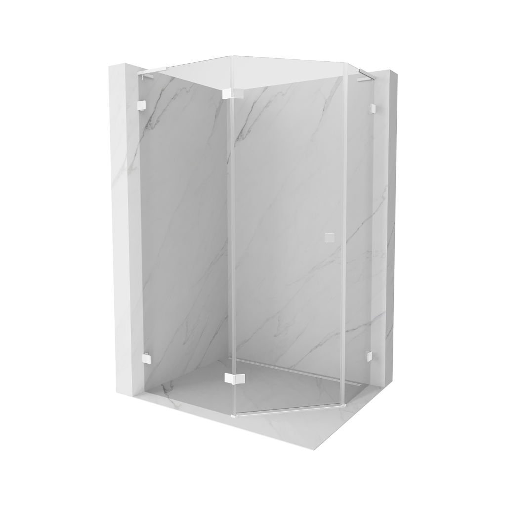 Mexen Lunar, colț de duș pentagonal L basculant spre stânga 90 x 80 cm, sticlă transparentă de 8 mm, profil alb, 831L-090L-080P-20-00-L