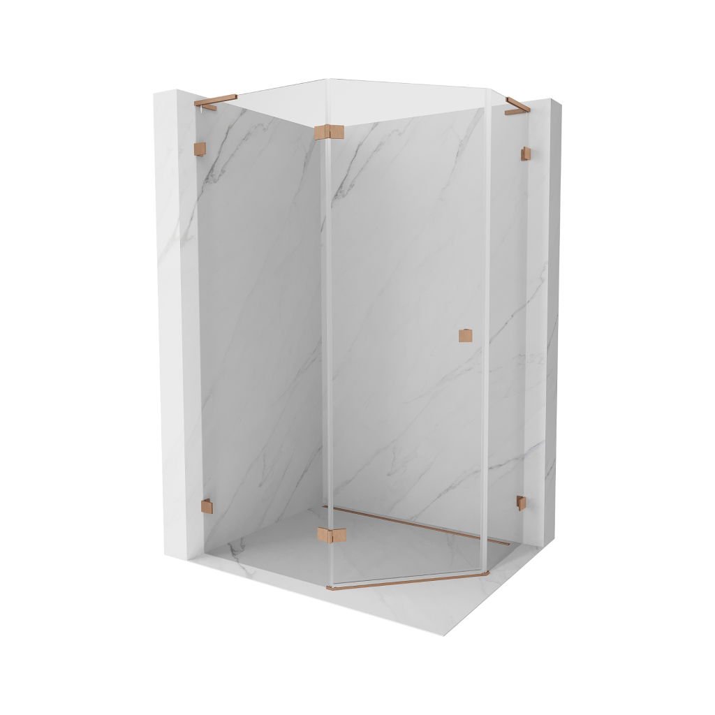 Mexen Lunar, colț de duș pentagonal L basculant spre stânga 90 x 80 cm, sticlă transparentă de 8 mm, profil cupru mat, 831L-090L-080P-65-00-L