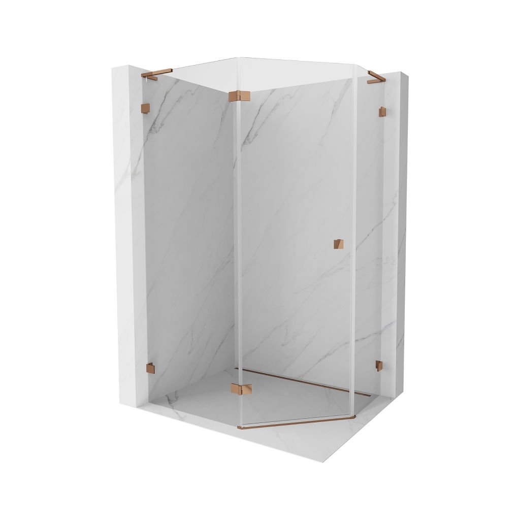 Mexen Lunar, colț de duș pentagonal L basculant spre stânga 90 x 80 cm, sticlă transparentă de 8 mm, profil auriu roz, 831L-090L-080P-60-00-L