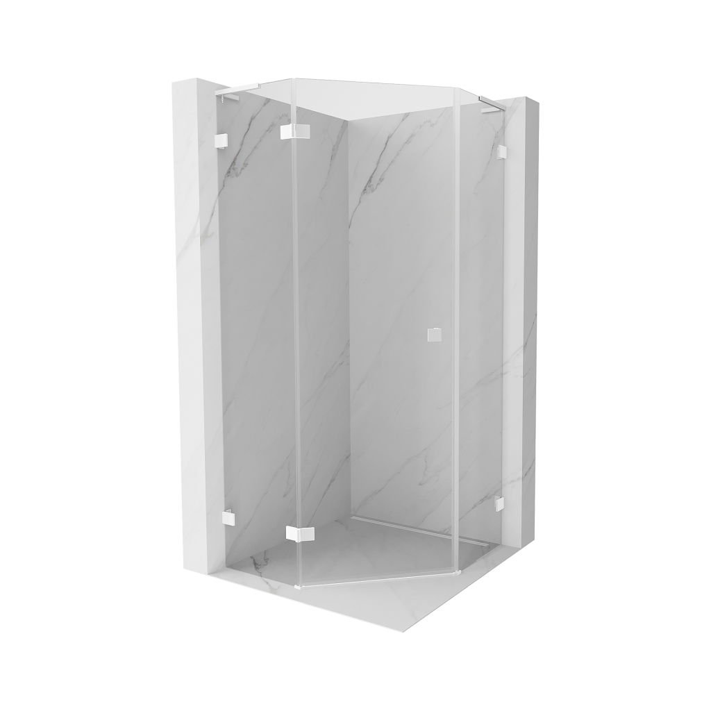Mexen Lunar, colț de duș pentagonal L basculant spre stânga 90 x 90 cm, sticlă transparentă de 8 mm, profil alb, 831L-090L-090P-20-00-L