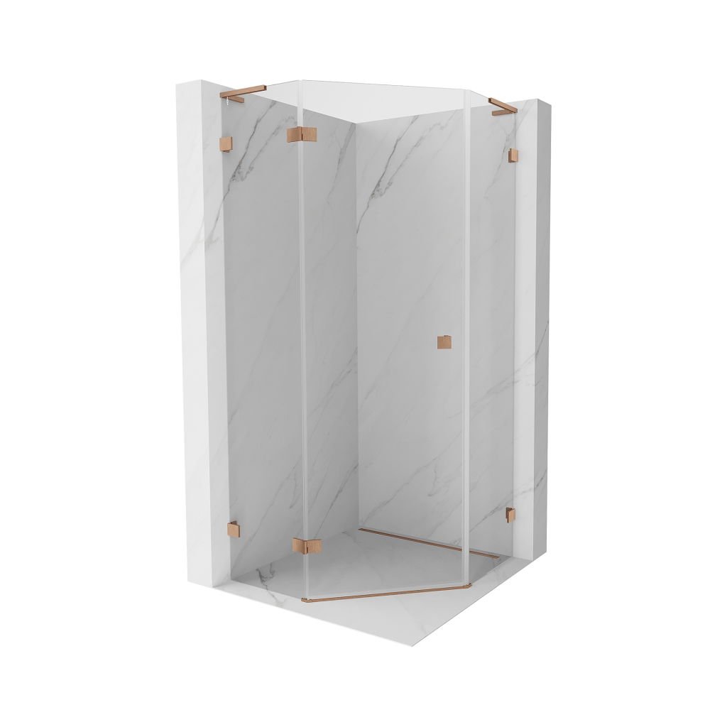 Mexen Lunar, colț de duș pentagonal L basculant spre stânga, 90 x 90 cm, sticlă transparentă de 8 mm, profil cupru mat, 831L-090L-090P-65-00-L