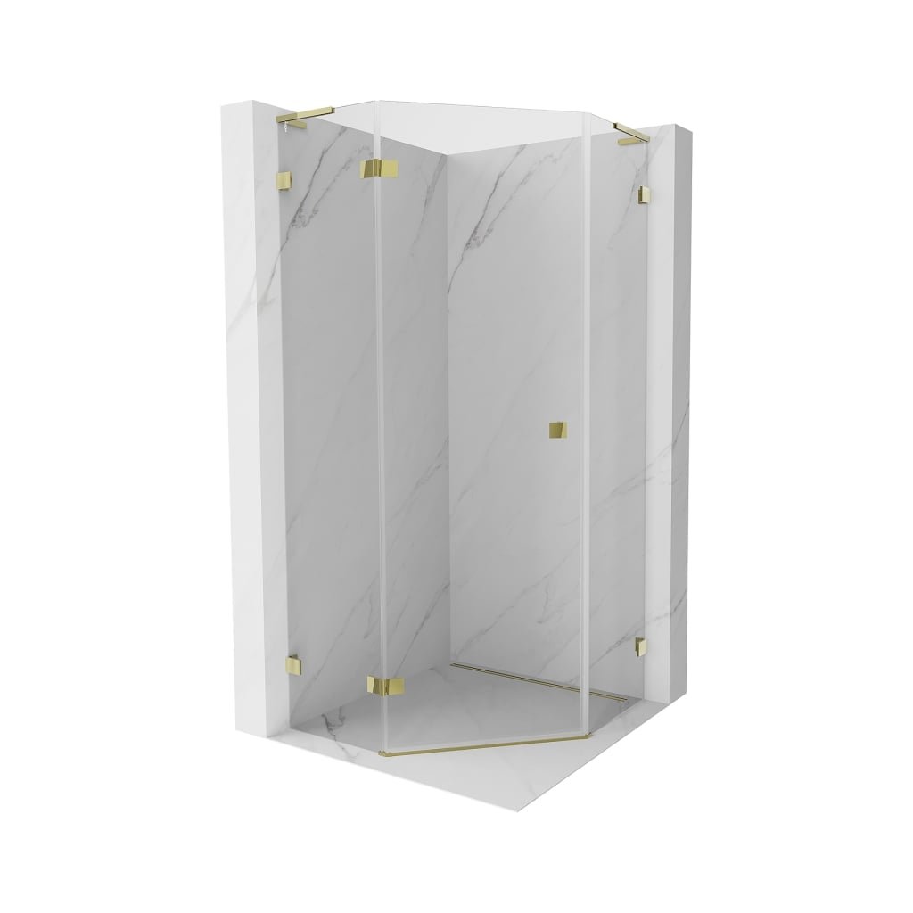Mexen Lunar, colț de duș pentagonal L basculant spre stânga 90 x 90 cm, sticlă transparentă de 8 mm, profil auriu, 831L-090L-090P-50-00-L