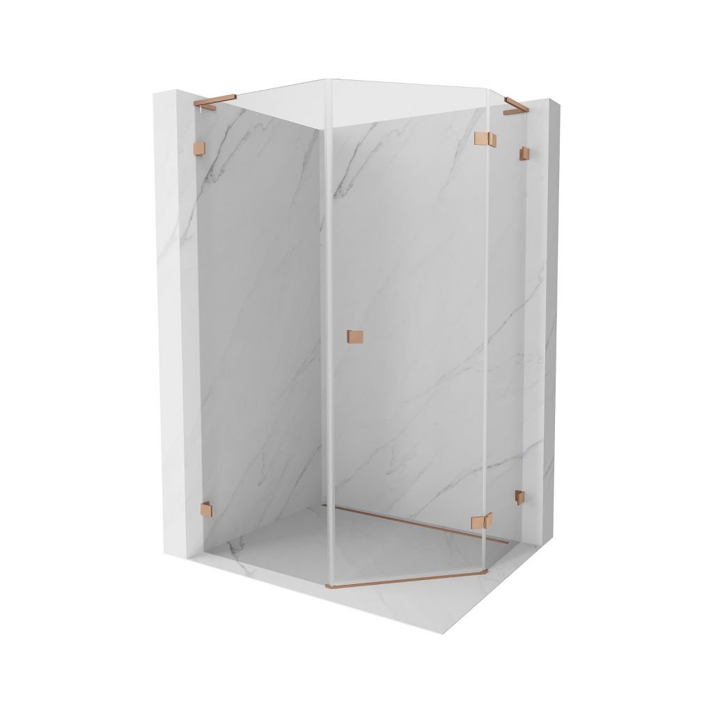 Mexen Lunar, cabină de duș pentagonală L cu înclinare dreaptă 80 x 90 cm, sticlă transparentă de 8 mm, profil cupru mat, 831L-080P-090L-65-00-P