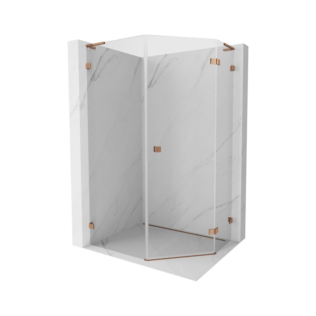 Mexen Lunar, duș pentagonal L cu unghi drept 90 x 100 cm, sticlă transparentă de 8 mm, profil auriu roz, 831L-090P-100L-60-00-P