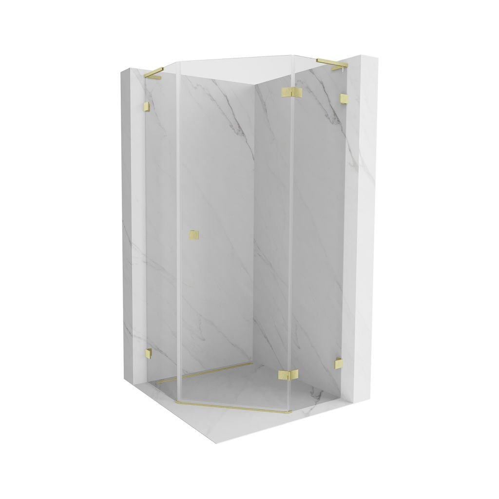 Mexen Lunar, cabină de duș pentagonală L cu înclinare dreaptă 90 x 90 cm, sticlă transparentă de 8 mm, profil auriu mat, 831L-090P-090L-55-00-P