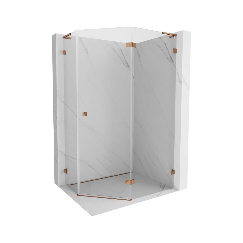 Mexen Lunar, cabină de duș pentagonală cu balamale dreapta L 100 x 80 cm, sticlă transparentă de 8 mm, profil auriu roz, 831L-100P-080L-60-00-P