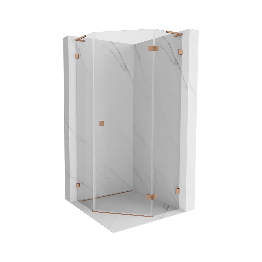 Mexen Lunar, colț de duș pentagonal cu balamale L dreapta 90 x 90 cm, sticlă transparentă de 8 mm, profil cupru mat, 831L-090P-090L-65-00-P