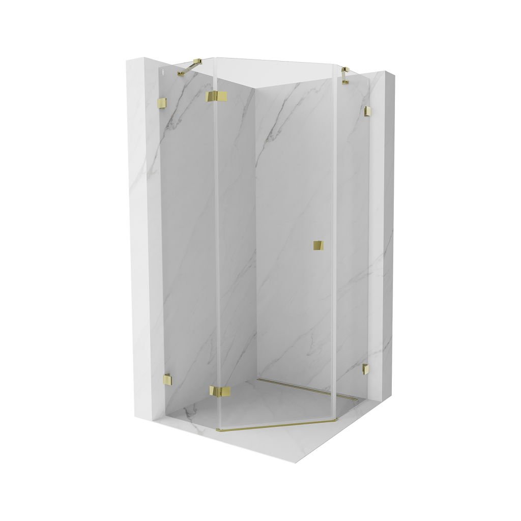 Mexen Lunar, colț de duș pentagonal Mexen Lunar basculant spre stânga 100 x 100 cm, sticlă transparentă de 8 mm, profil auriu, 831-100L-100P-50-00-L