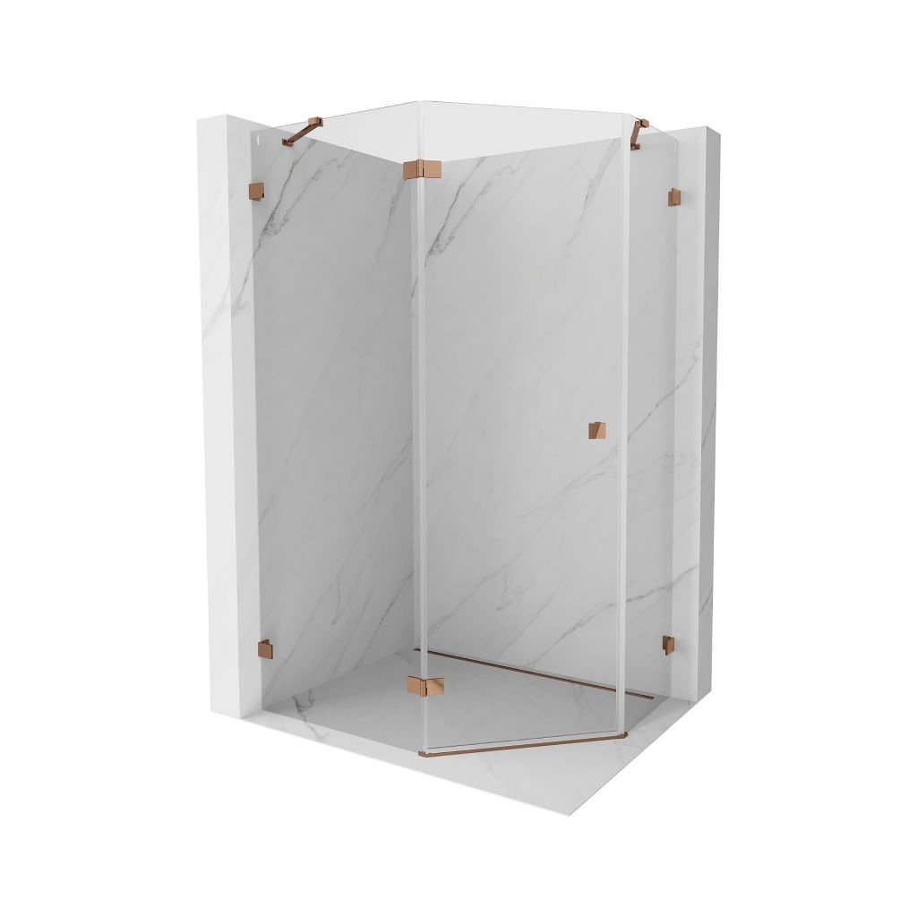 Mexen Lunar, colț de duș pentagonal Mexen Lunar înclinat spre stânga 100 x 80 cm, sticlă transparentă de 8 mm, profil auriu roz, 831-100L-080P-60-00-L