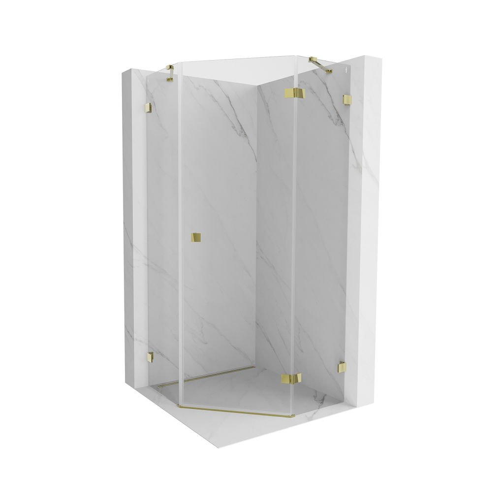 Mexen Lunar, cabină de duș pentagonală cu înclinare la dreapta 80 x 80 cm, sticlă transparentă de 8 mm, profil auriu, 831-080P-080L-50-00-P