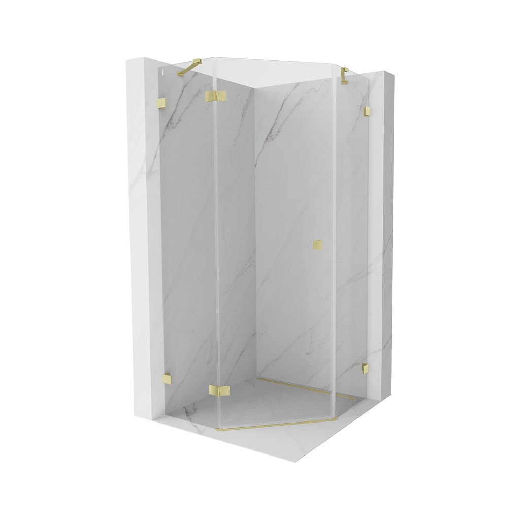 Mexen Lunar, colț de duș pentagonal cu înclinare la stânga 90 x 90 cm, sticlă transparentă de 8 mm, profil auriu mat, 831-090L-090P-55-00-L