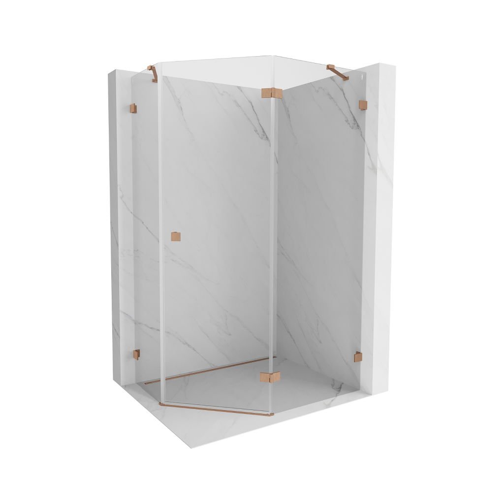 Mexen Lunar, cabină de duș pentagonală cu înclinare dreaptă 100 x 80 cm, sticlă transparentă de 8 mm, profil cupru mat, 831-100P-080L-65-00-P
