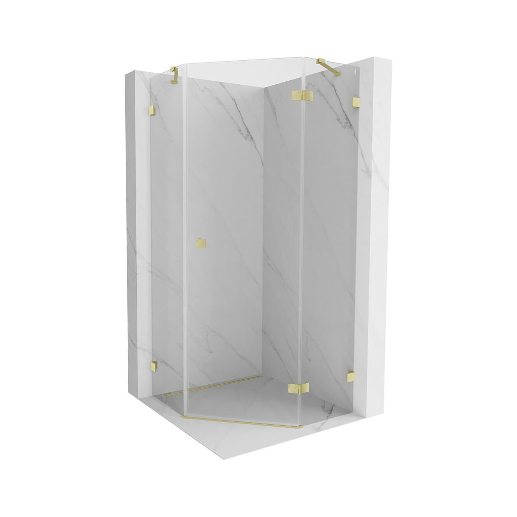 Mexen Lunar, duș pentagonal în unghi drept 80 x 80 cm, sticlă transparentă de 8 mm, profil auriu mat, 831-080P-080L-55-00-P