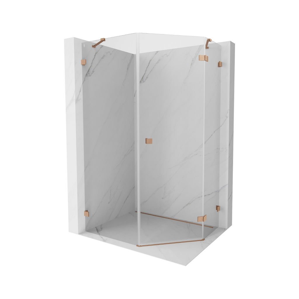 Mexen Lunar, duș pentagonal în unghi drept 80 x 90 cm, sticlă transparentă de 8 mm, profil cupru mat, 831-080P-090L-65-00-P