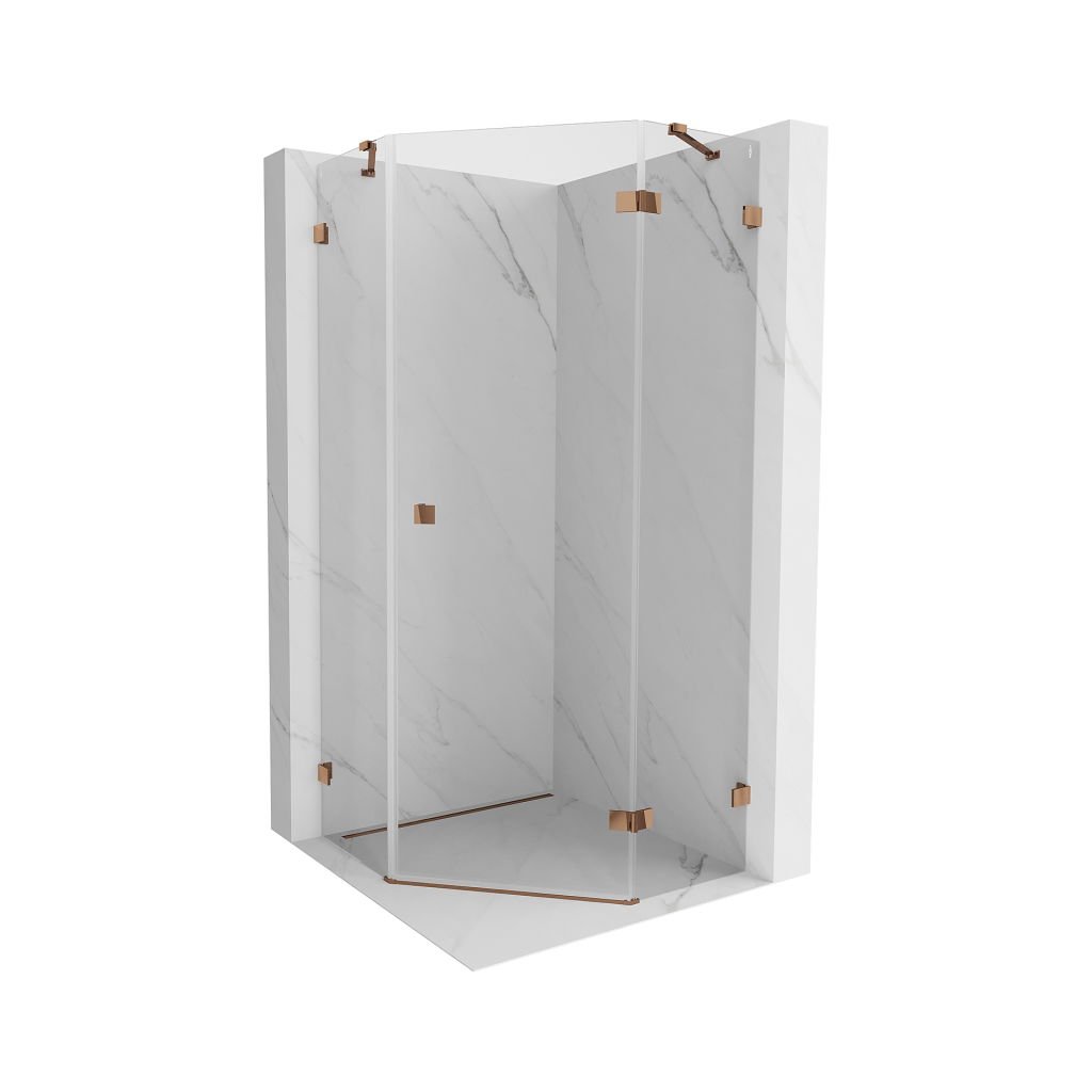 Mexen Lunar, cabină de duș pentagonală cu balamale pe dreapta 80 x 80 cm, sticlă transparentă de 8 mm, profil auriu roz, 831-080P-080L-60-00-P