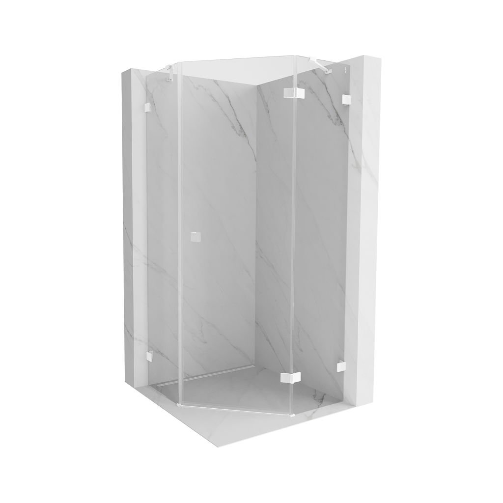 Mexen Lunar, cabină de duș pentagonală cu balamale dreapta 90 x 90 cm, sticlă transparentă de 8 mm, profil alb, 831-090P-090L-20-00-P