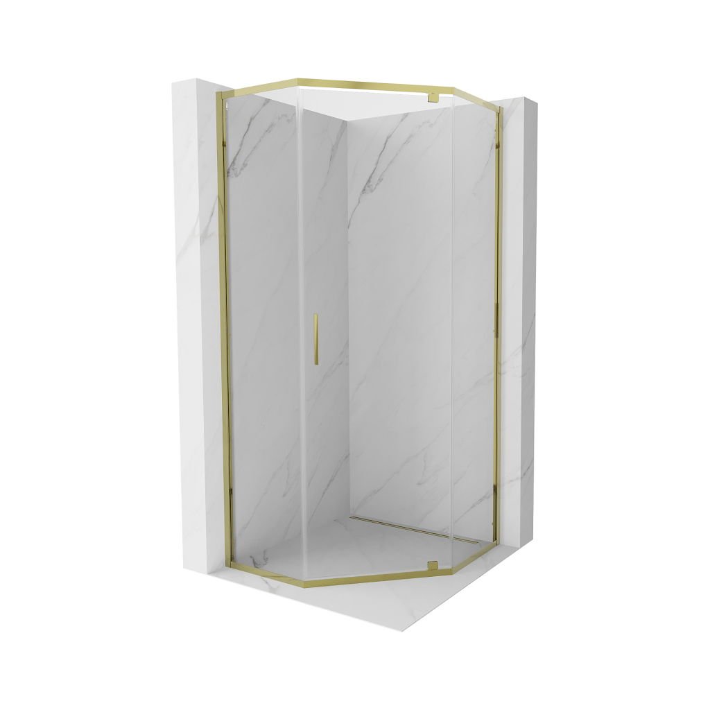 Mexen Exo, cabină de duș pentagonală cu balamale 100 x 100 cm, sticlă transparentă, auriu, 812-100-100-50-00