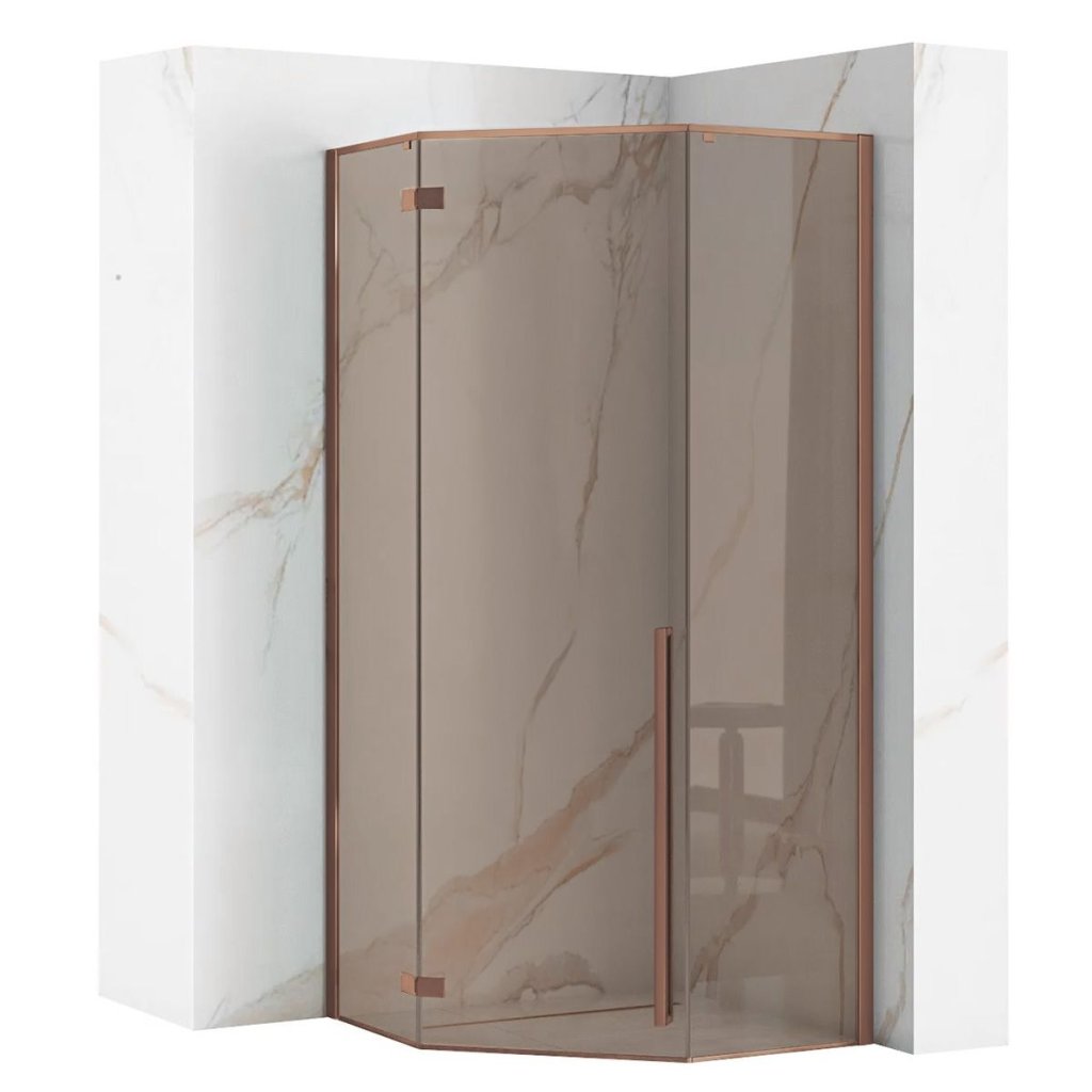 Rea Diamond, cabină de duș pentagonală 90 x 90 cm + cădiță de duș Diamond neagră, sticlă gri 6mm, cupru mat, KPL-K7966