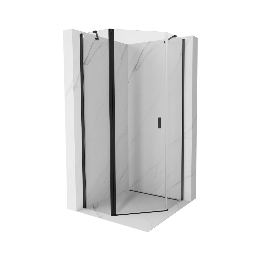 Cabină de duș pentagonală cu balamale Mexen Mist 100 x 100 cm, sticlă transparentă, profil negru, 8A8-100-100-70-00