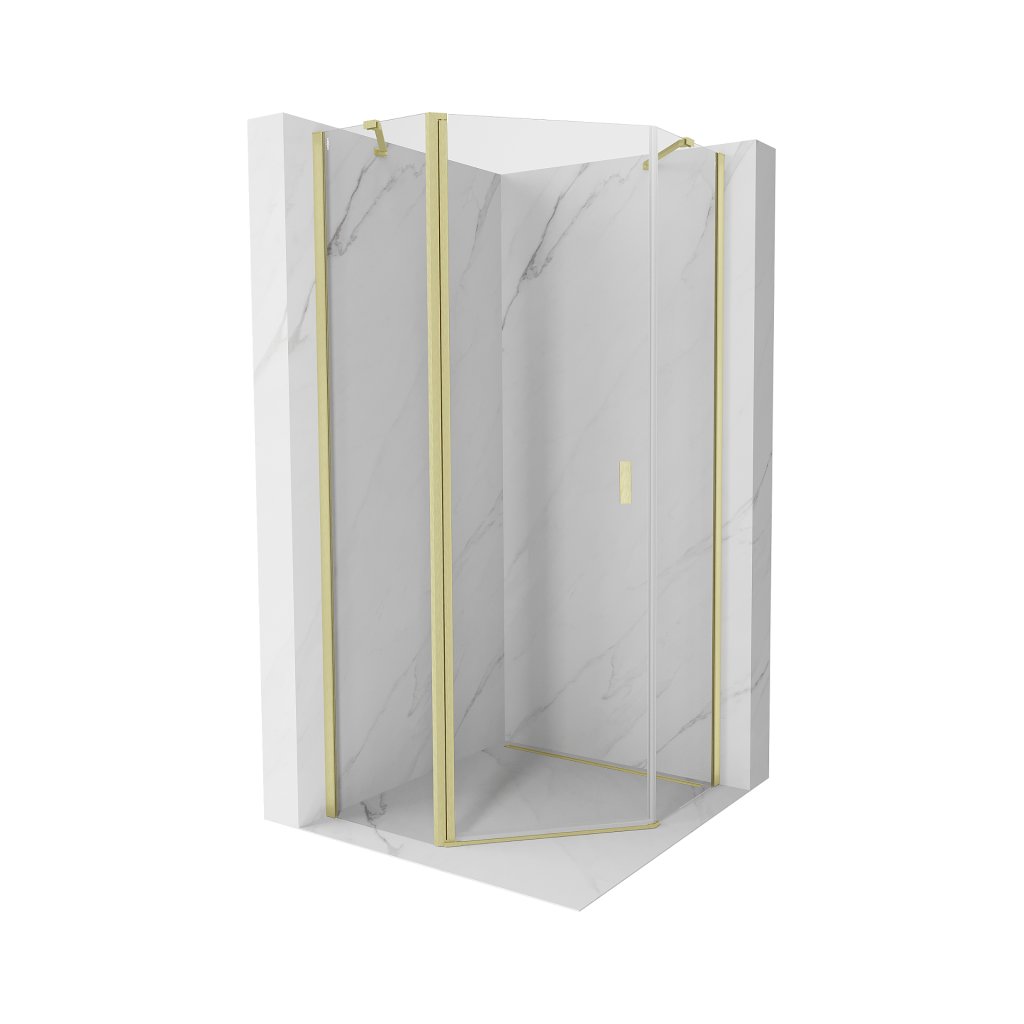 Cabină de duș pentagonală cu balamale Mexen Mist 100 x 100 cm, sticlă transparentă, profil auriu mat, 8A8-100-100-55-00