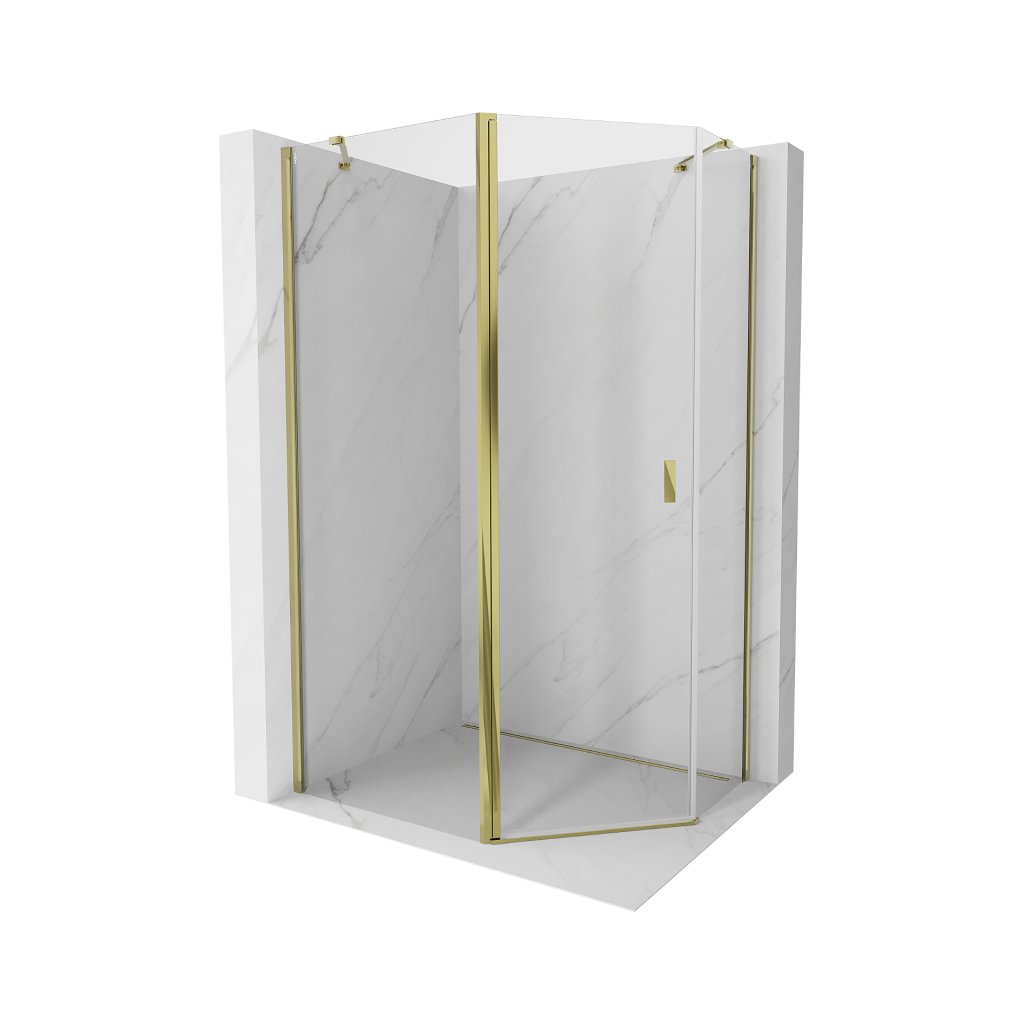 Cabină de duș pentagonală cu balamale Mexen Mist 100 x 80 cm, sticlă transparentă, profil auriu strălucitor, 8A8-100-080-50-00