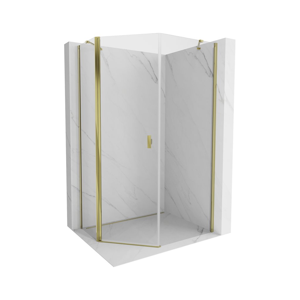 Cabină de duș pentagonală cu balamale Mexen Mist 80 x 90 cm, sticlă transparentă, profil auriu strălucitor, 8A8-080-090-50-00
