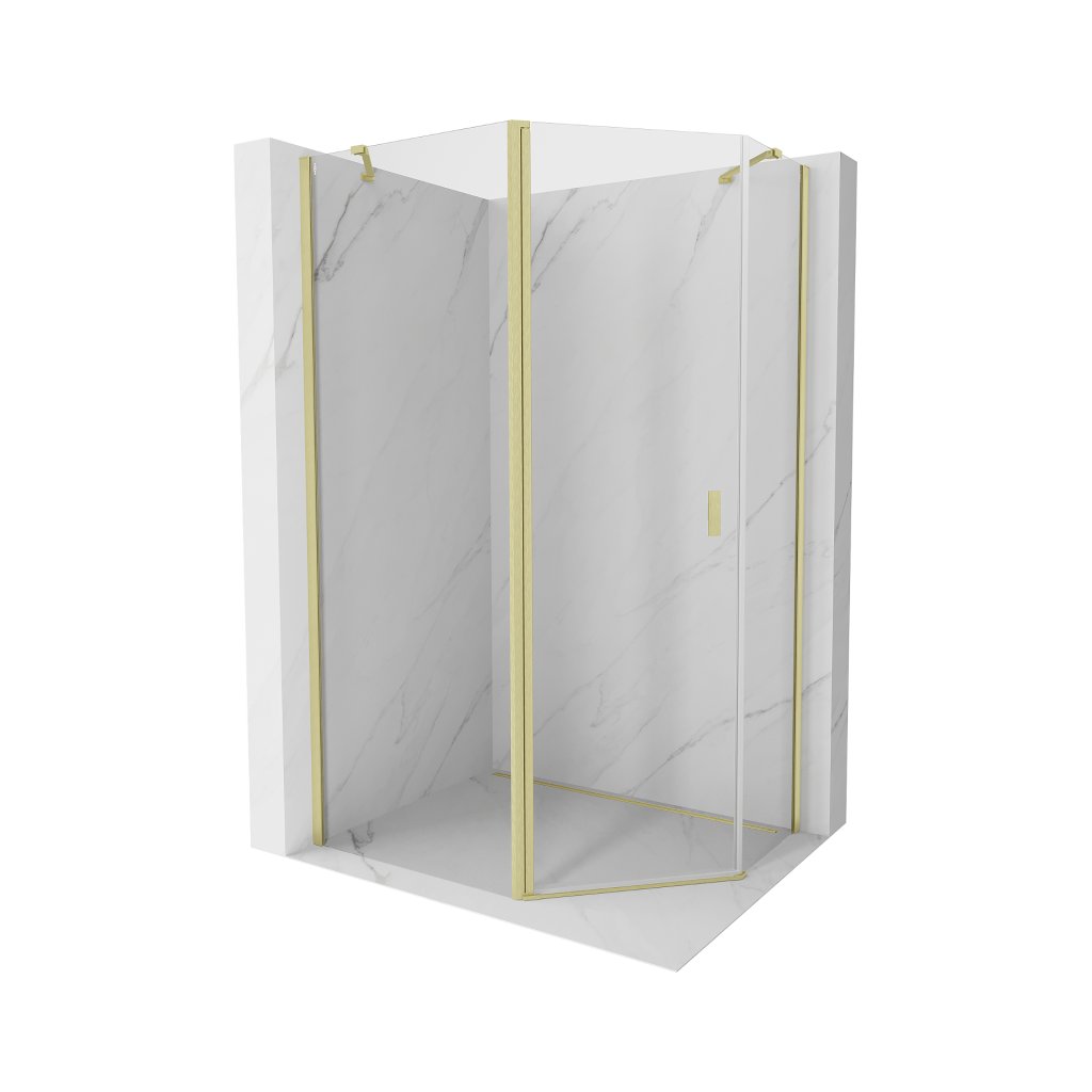 Cabină de duș pentagonală cu balamale Mexen Mist, 90 x 80 cm, sticlă transparentă, profil auriu mat, 8A8-090-080-55-00