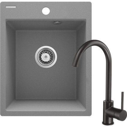 Deante Corio, chiuveta granit cu 1 camera 500x400x211mm + robinet chiuveta neagra, gri metalic, DEA-ZRCBS103