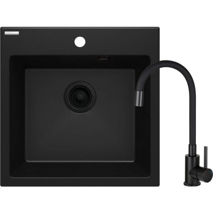 Deante Evora, chiuveta granit 1 camera 500x500x216 mm + baterie chiuveta cu brat elastic, negru, DEA-ZQJNN103
