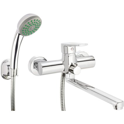 Deante Tubo, baterie pentru cada montată pe perete cu braț prelungit 339 mm și set de duș manual, crom, DEA-BUT_057M