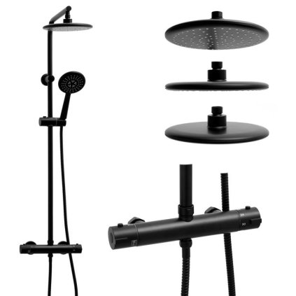 Erga Enza, set de dus cu robinet termostatic si cap de ploaie 20cm, negru mat, ERG-YKA-BP.ENZA20-BLK