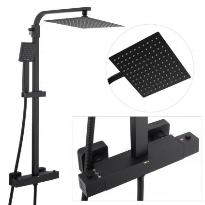 Erga Goba, set de dus cu baterie termostatica si cap de ploaie 25x25cm, negru mat, ERG-YKA-BP.GOBA-THERM-25-BLK