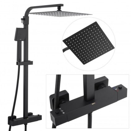 Erga Goba, set de dus cu robinet termostatic si cap de ploaie 30x30 cm, negru mat, ERG-YKA-BP.GOBA-THERM-30-BLK
