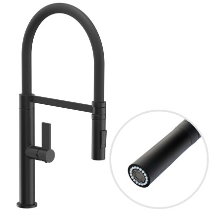 Gamma Mega, baterie de bucătărie înaltă cu braț elastic și spray, negru mat, GMA-BFL-BK