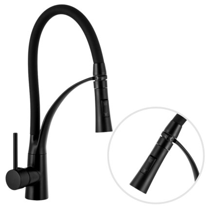 Gamma Nexo, baterie de bucătărie înaltă cu braț flexibil și spray, negru mat, GMA-BNO-BK