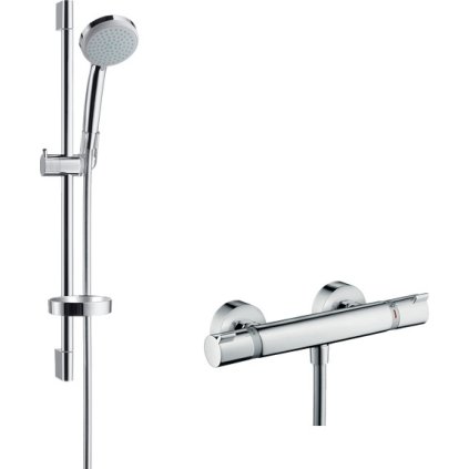 Hansgrohe Croma 100, Set de duș de perete Vario cu termostat Ecostat Comfort și tijă de duș 65 cm, crom, HAN-27034000