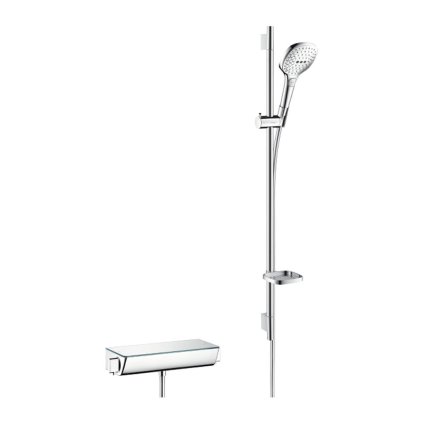 Hansgrohe Raindance Select E, set de duș de perete 120 3jet cu termostat Ecostat Select și tijă de duș 90 cm, alb/crom, HAN-27039400