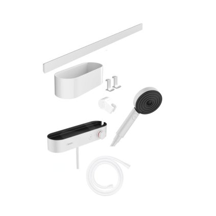 Hansgrohe WallStoris, Set cap de duș 105, 3 jeturi, termostat și accesorii pentru baie, alb mat, HAN-24250700