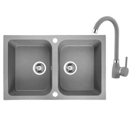Laveo Celia, chiuveta granit cu 2 camere 760x480x184 mm + baterie chiuveta cu pipa in forma de U, gri, LAV-SBCE520T