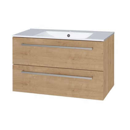 Mereo, Bino, dulap baie cu chiuveta ceramica 101 cm, alb, stejar, MER-CN622