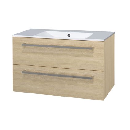 Mereo, Bino, dulap baie cu chiuveta ceramica 101 cm, alb, stejar, MER-CN632